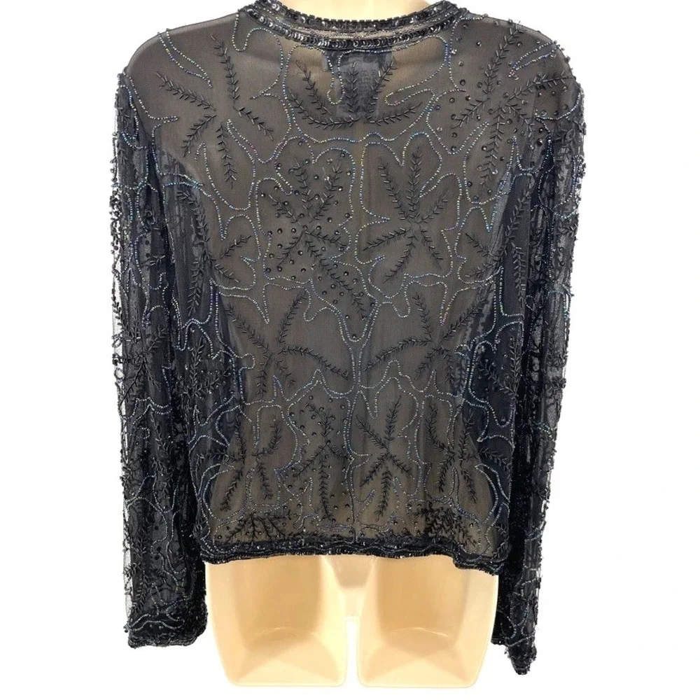 Vtg‎ Sheer Mesh Jacket M Beaded Sequins Whimsigoth Formal Glam Old Hollywood Art